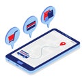 Isometric style phone on which tracker tracks orders and icons with purchase symbols. Royalty Free Stock Photo